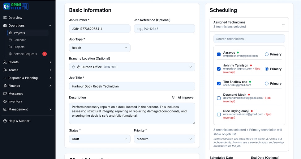 Drag and drop technician scheduling calendar with real-time availability for field service dispatch