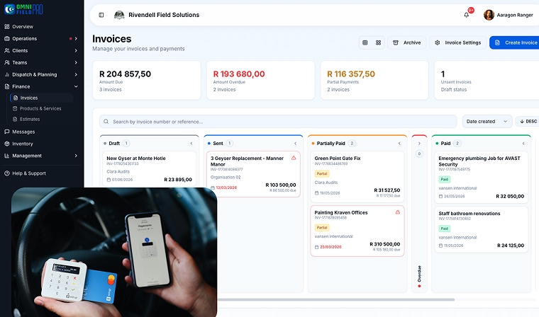 Invoice management dashboard showing paid, pending, and overdue invoices for field service business