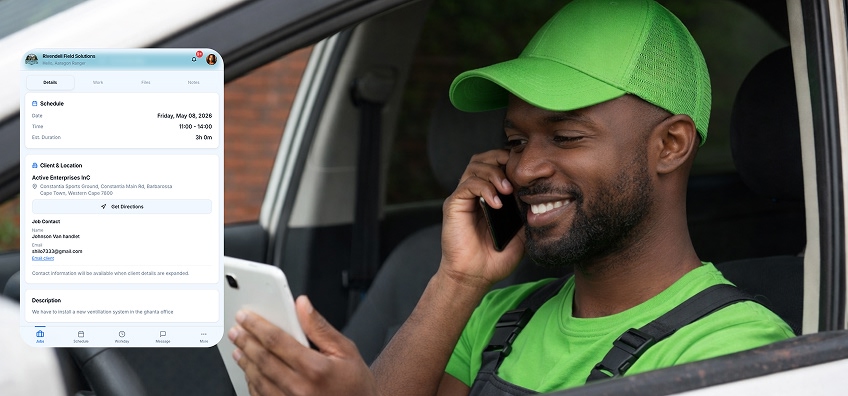 Field worker checking in at job site on mobile field service app