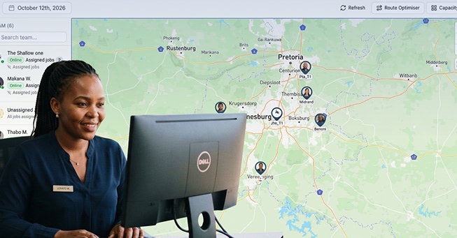 A field service operations manager reviewing a digital dispatch board showing 12 technicians on a map of Johannesburg