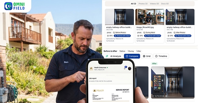 A mobile phone screen showing a digital job card with customer details, job scope, and a photo capture button visible