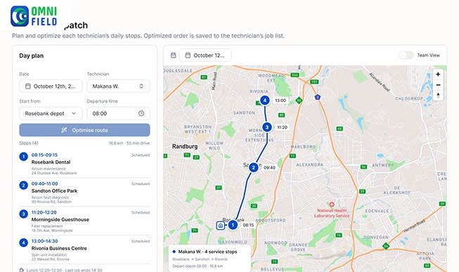An operations manager at a desk viewing a live dashboard showing technician statuses, job completions, and a real-time map across a South African city
