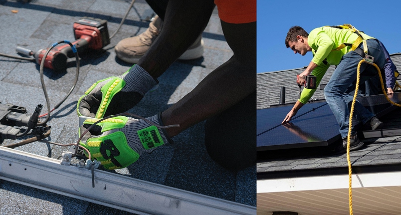 Solar technician at installation site being tracked on mobile job management app