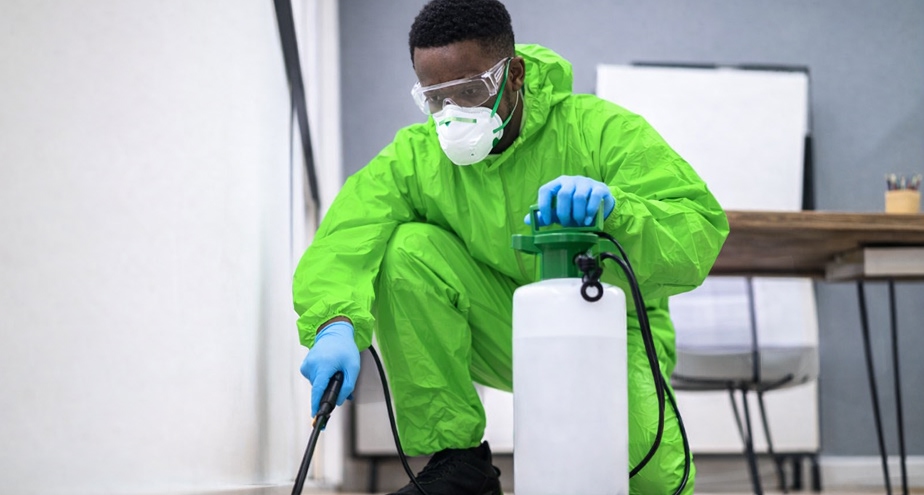 Pest control technician logging chemical treatment on mobile app digital record