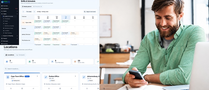 Manager reviewing job schedules report on cell phone showing location and multi-location breakdown by job type